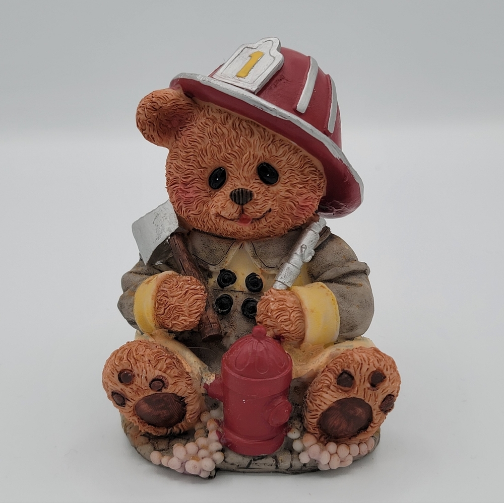 Firefighter Teddy Bear Coin Piggy Bank Fireman Axe Hydrant Resin 4" Figure Vtg